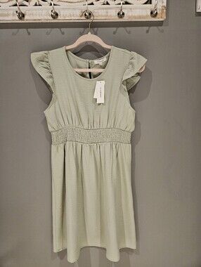 NWT NO COMMENT Sage Ruffle Sleeve Smocked Waist Dress